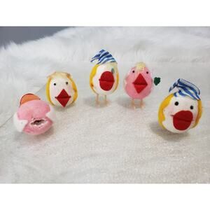 READ READ 5 Vintage Easter Flocked Ornaments Felt‎ Decorations Eggs Chick's Bird